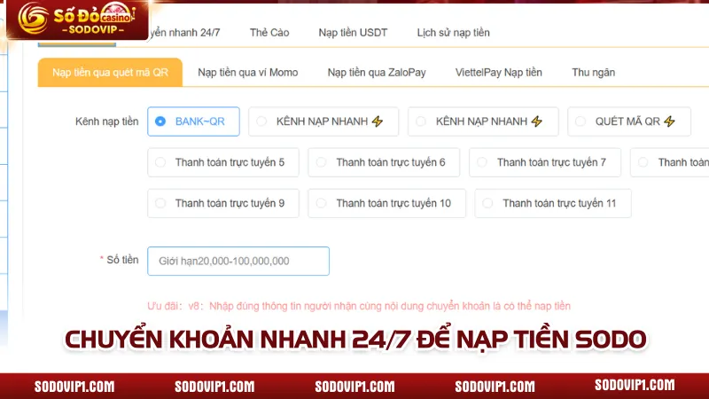 Chuyển khoản nhanh 24/7 để nạp tiền SODO